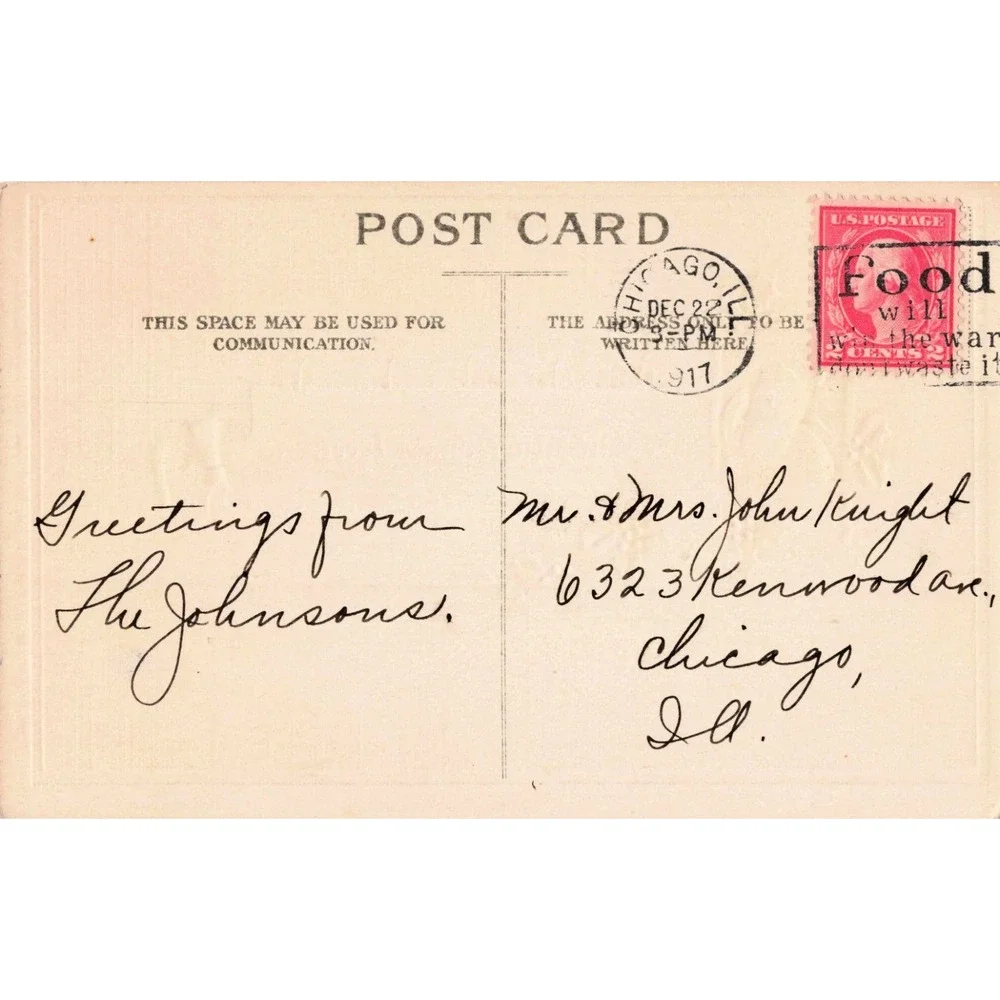 Vintage 1917 Hearty Christmas Greetings Postcard Santa Claus WWI Slogan Stamp